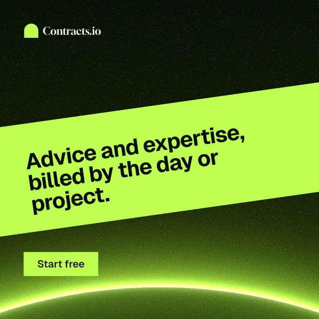 Instagram post for contracts.io: "Advice and expertise, billed by the day or project." Swiss style, diagonal layout, light palette in black, green.