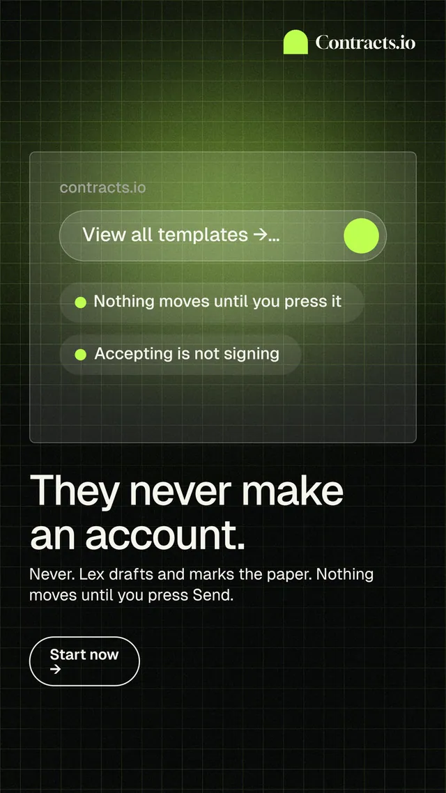 Instagram story for contracts.io: "They never make an account." Phosphor atlas style, bottom layout, dark palette in black, green.