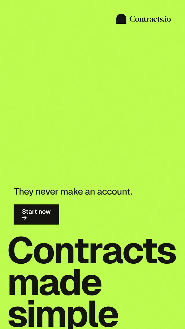 Instagram story for contracts.io: "Contracts made simple." Swiss style, oversized layout, light palette in green.