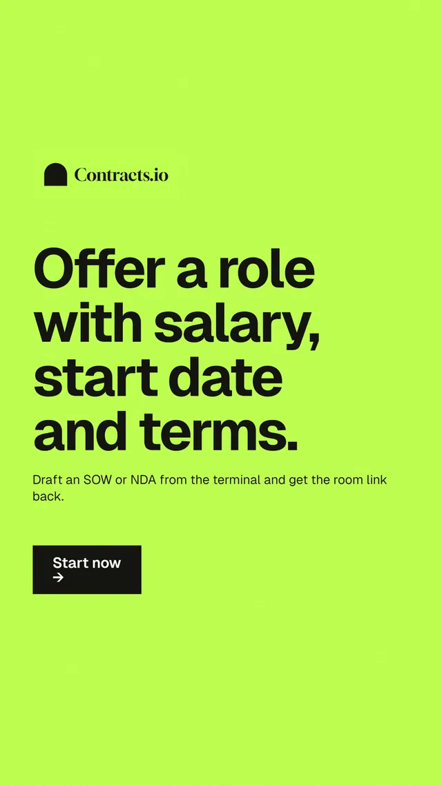 Instagram story for contracts.io: "Offer a role with salary, start date and terms." Swiss style, announce layout, light palette in green.