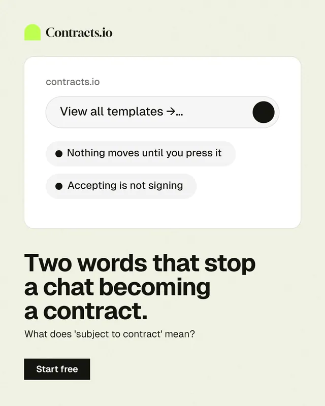 Instagram portrait post for contracts.io: "Two words that stop a chat becoming a contract." Swiss style, bottom layout, light palette in white, grey.