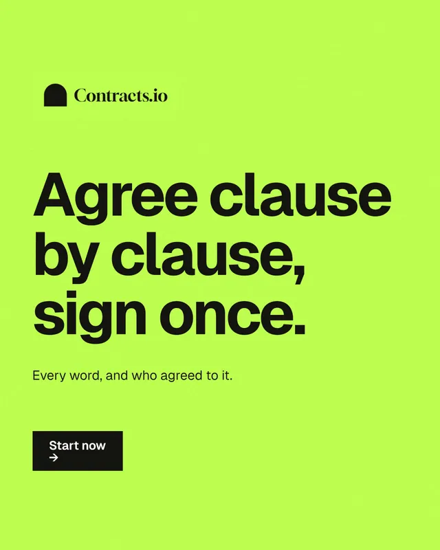 Instagram portrait post for contracts.io: "Agree clause by clause, sign once." Swiss style, announce layout, light palette in green.