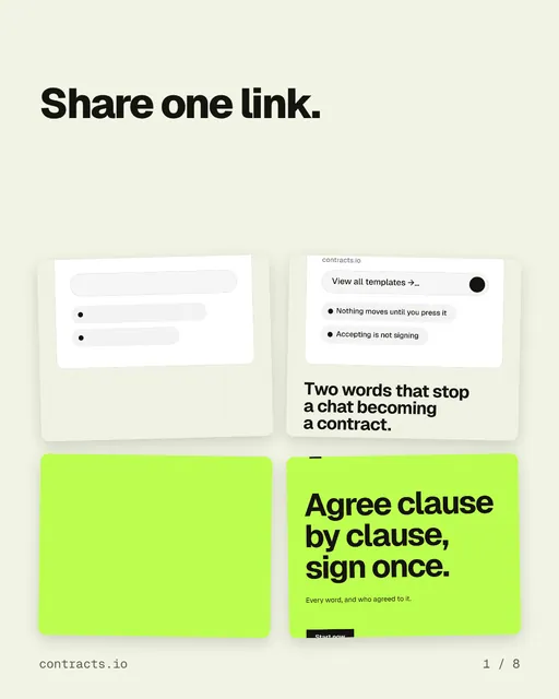 Carousel for contracts.io: "Share one link.". Collection carousel, 8 slides, light palette.