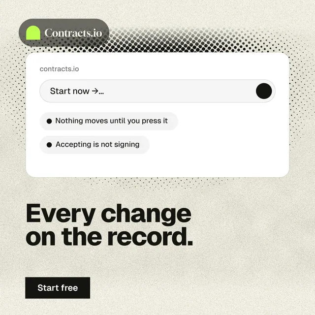 Instagram post for contracts.io: "Every change on the record." Ink sticker style, bottom layout, light palette in yellow, white, grey.