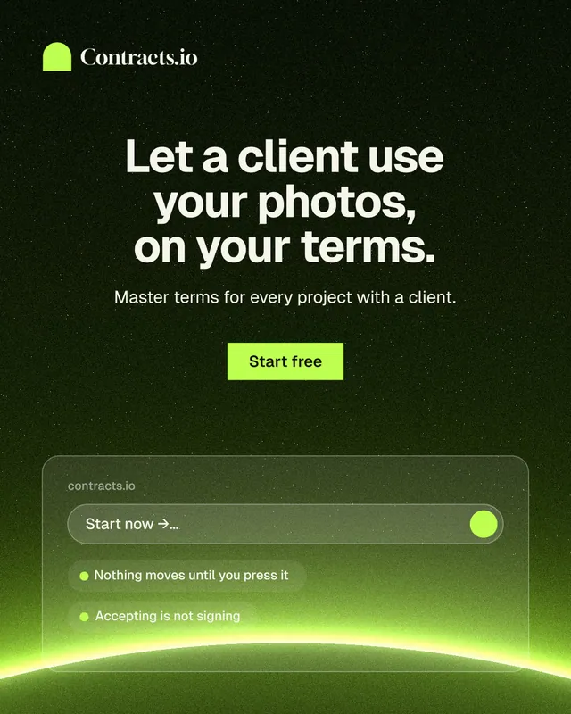 Instagram portrait post for contracts.io: "Let a client use your photos, on your terms." Swiss style, centred layout, dark palette in black, green.