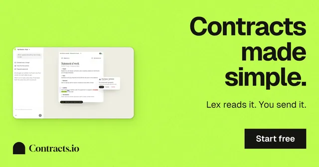 Social ad for contracts.io: "Contracts made simple." Swiss style, right layout, light palette in green.