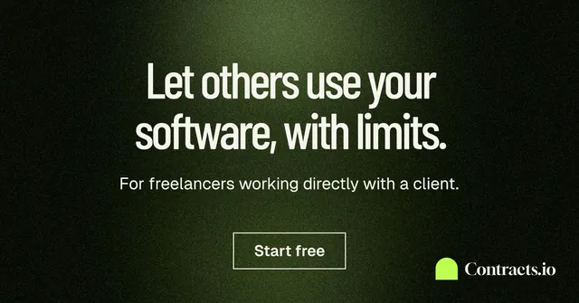 Social ad for contracts.io: "Let others use your software, with limits." Dark deco style, centred layout, dark palette in black, grey.