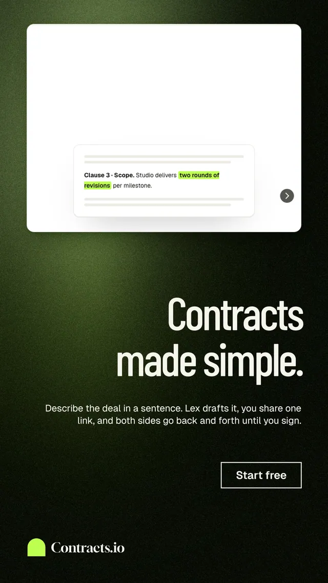 Instagram story for contracts.io: "Contracts made simple." Dark deco style, right layout, dark palette in white, black, green.