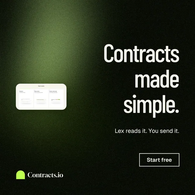 Instagram post for contracts.io: "Contracts made simple." Dark deco style, right layout, dark palette in black, grey.