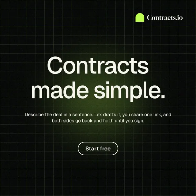 Instagram post for contracts.io: "Contracts made simple." Phosphor atlas style, centred layout, dark palette in black.