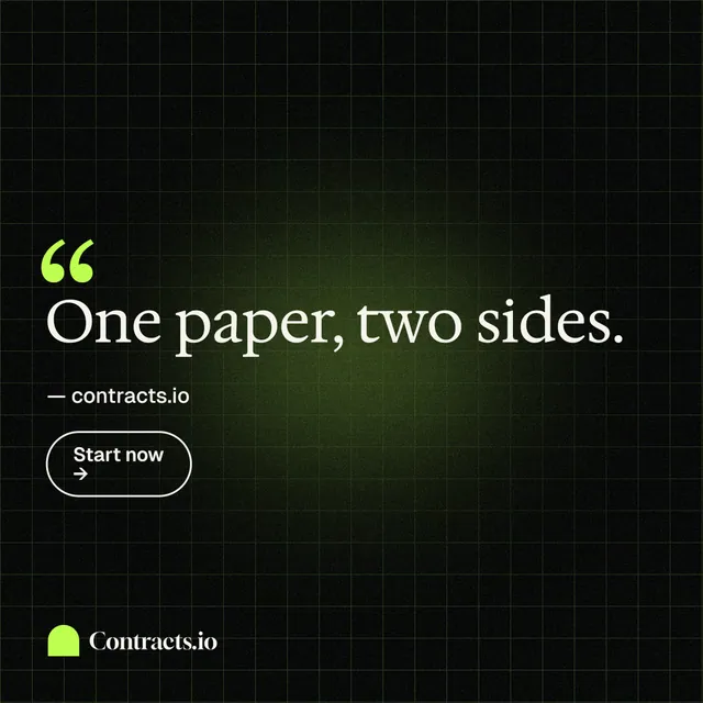 Instagram post for contracts.io: "One paper, two sides." Phosphor atlas style, quote layout, dark palette in black, green.