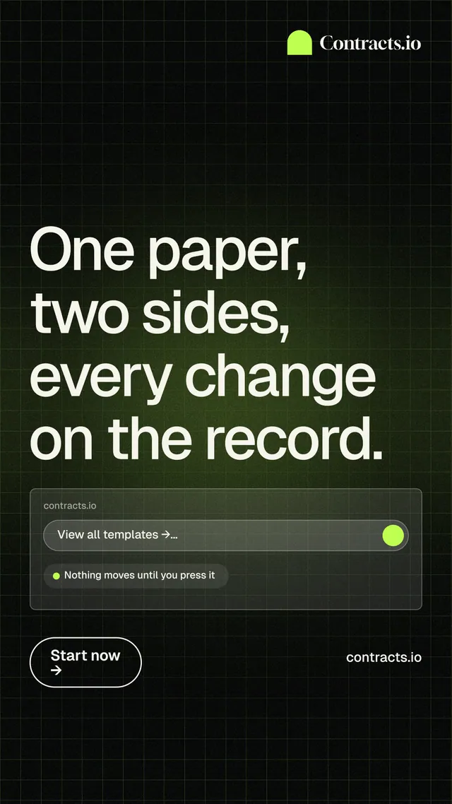 Instagram story for contracts.io: "One paper, two sides, every change on the record." Phosphor atlas style, poster layout, dark palette in black, grey.
