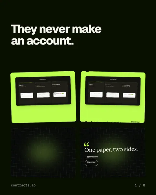 Carousel for contracts.io: "They never make an account.". Collection carousel, 8 slides, dark palette.