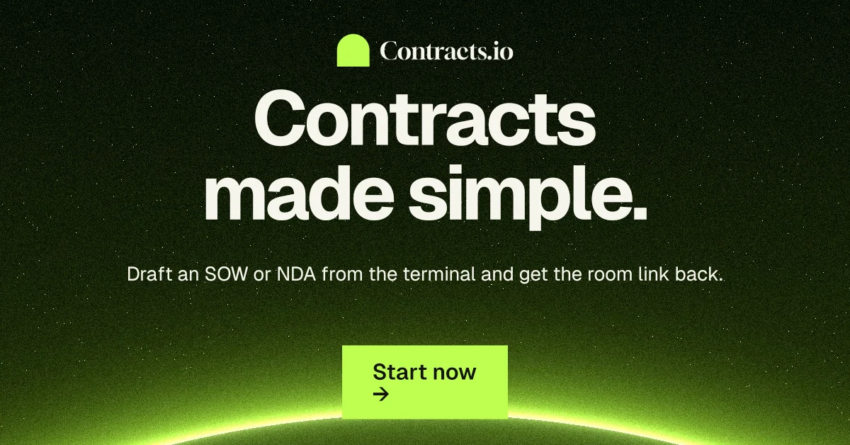 Social ad for contracts.io: "Contracts made simple." Swiss style, centred layout, dark palette in green, black.