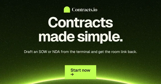 Social ad for contracts.io: "Contracts made simple." Swiss style, centred layout, dark palette in green, black.