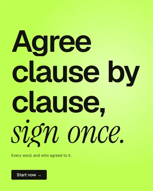 Video for contracts.io: "Agree clause by clause, sign once.". Doc motion loop, 7.0 s, light palette.
