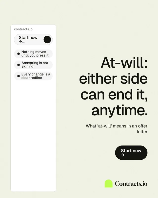 Instagram portrait post for contracts.io: "At-will: either side can end it, anytime." Data card style, right layout, light palette in white, grey.