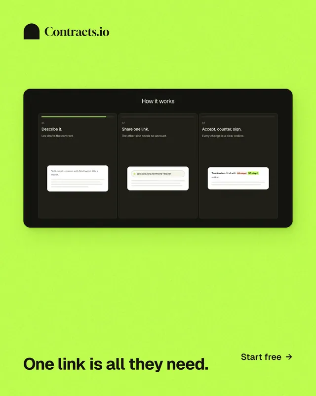Instagram portrait post for contracts.io: "One link is all they need." Swiss style, image led layout, light palette in green.