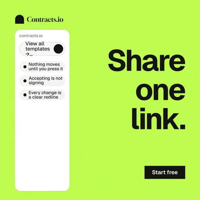 Instagram post for contracts.io: "Share one link." Swiss style, right layout, light palette in green.