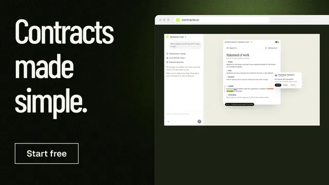 Landscape graphic for contracts.io: "Contracts made simple." Dark deco style, browser layout, dark palette in black, white.