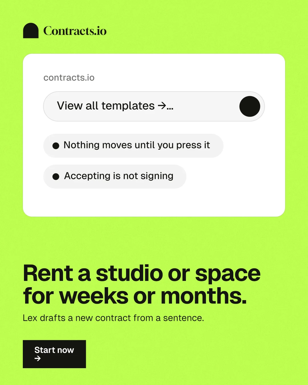 Instagram portrait post for contracts.io: "Rent a studio or space for weeks or months." Swiss style, bottom layout, light palette in green, white.