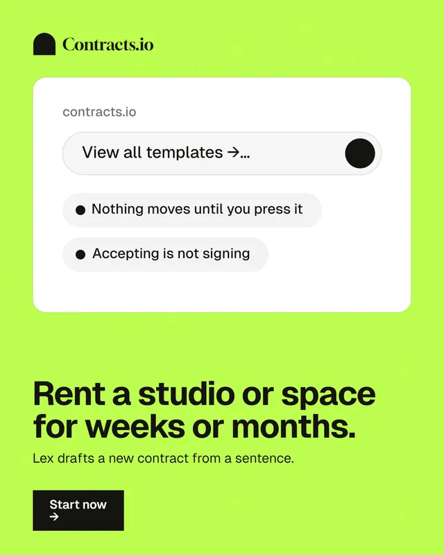 Instagram portrait post for contracts.io: "Rent a studio or space for weeks or months." Swiss style, bottom layout, light palette in green, white.