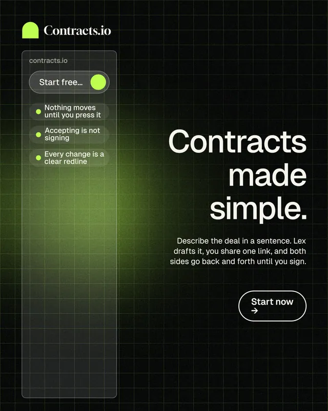 Instagram portrait post for contracts.io: "Contracts made simple." Phosphor atlas style, right layout, dark palette in black, green.