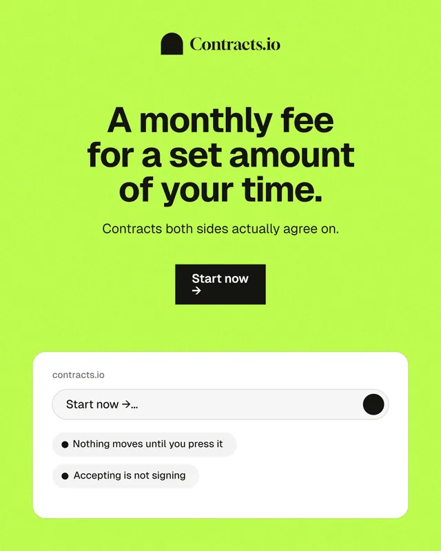 Instagram portrait post for contracts.io: "A monthly fee for a set amount of your time." Swiss style, centred layout, light palette in green.