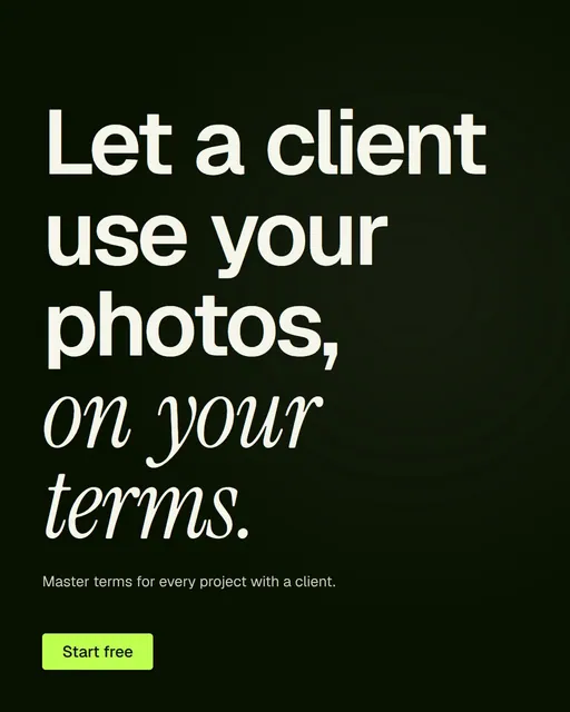 Video for contracts.io: "Let a client use your photos, on your terms.". Doc motion loop, 6.0 s, dark palette.