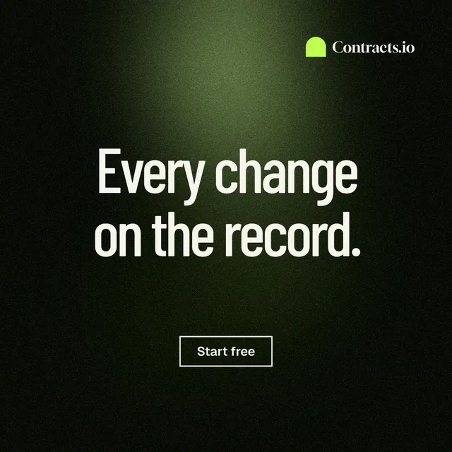 Instagram post for contracts.io: "Every change on the record." Dark deco style, centred layout, dark palette in black, grey.