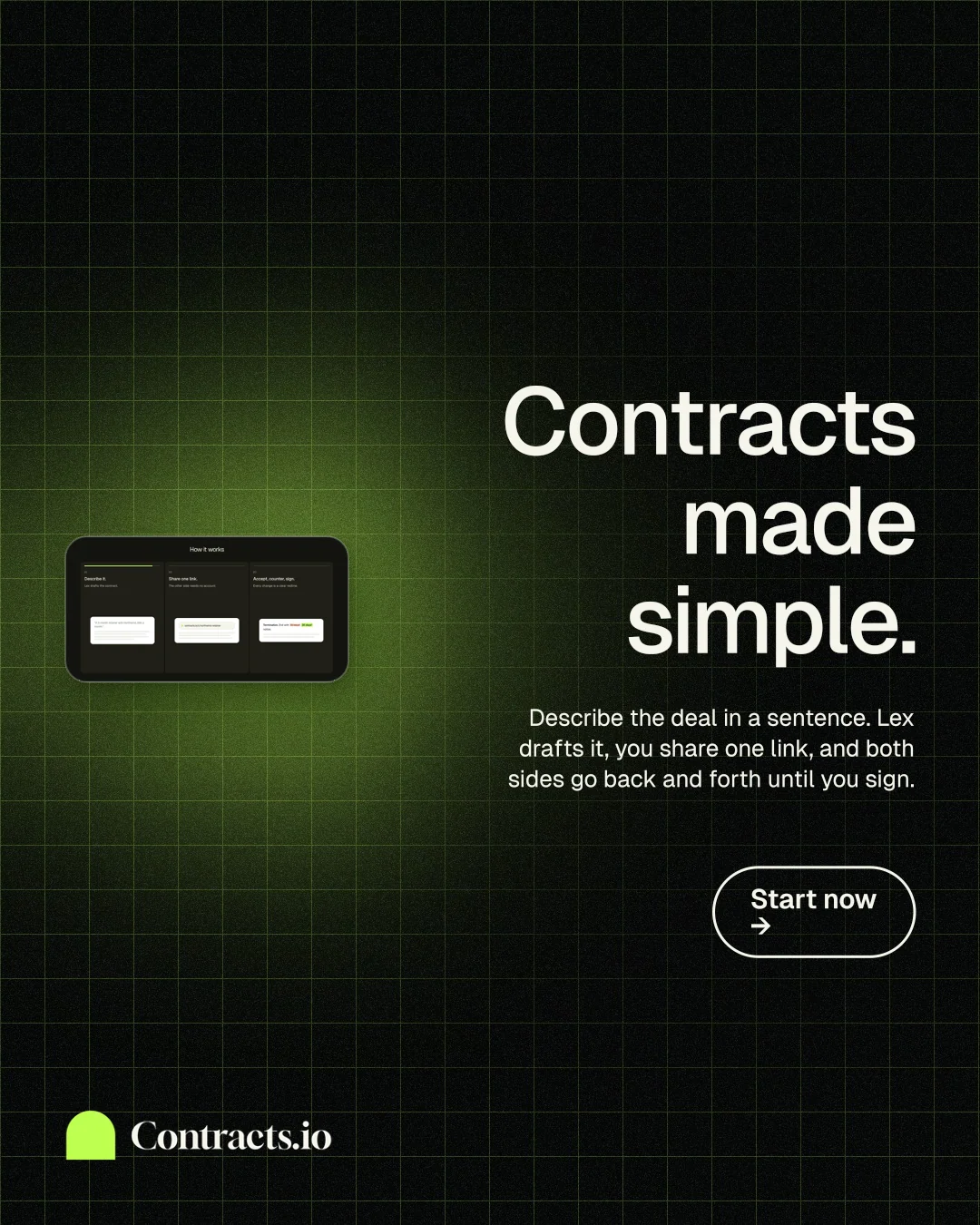 Instagram portrait post for contracts.io: "Contracts made simple." Phosphor atlas style, right layout, dark palette in black, green.