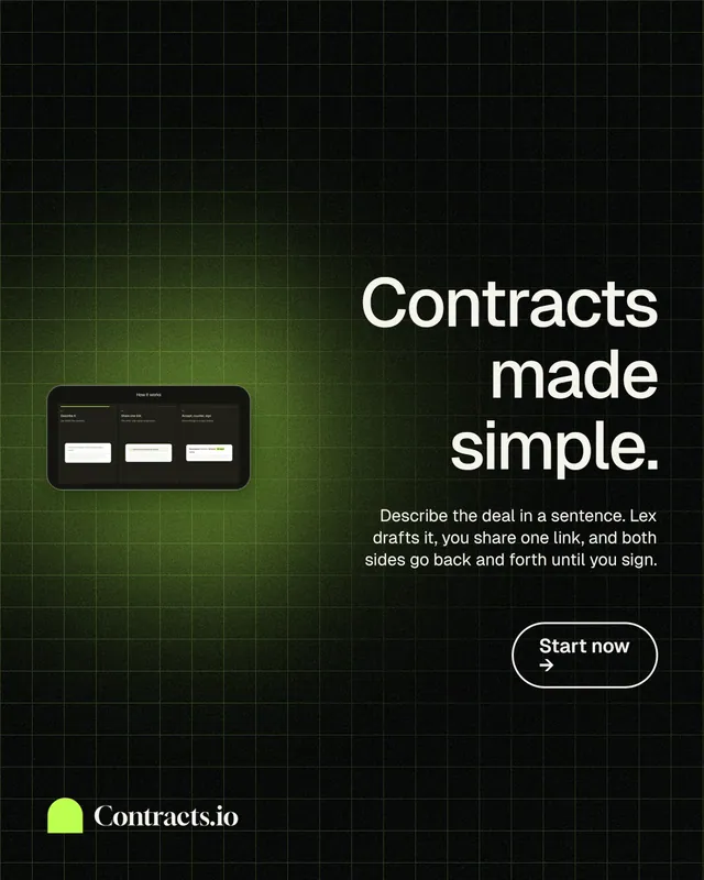 Instagram portrait post for contracts.io: "Contracts made simple." Phosphor atlas style, right layout, dark palette in black, green.