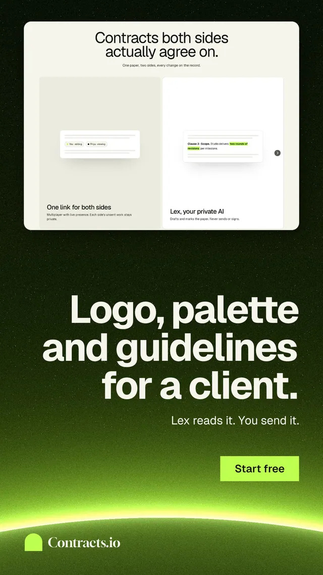 Instagram story for contracts.io: "Logo, palette and guidelines for a client." Swiss style, right layout, light palette in black, green, white.