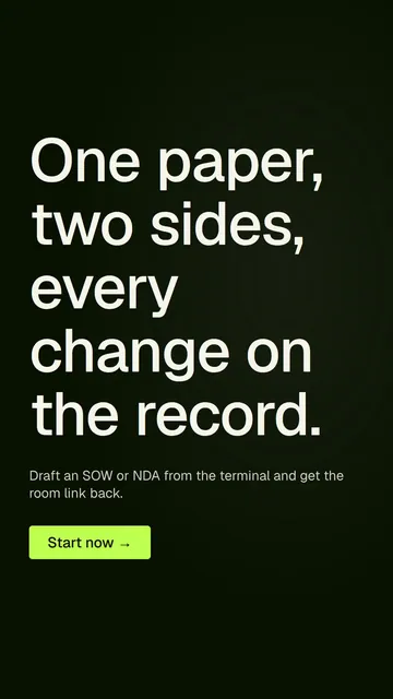 Video for contracts.io: "One paper, two sides, every change on the record.". Doc motion loop, 6.0 s, dark palette.