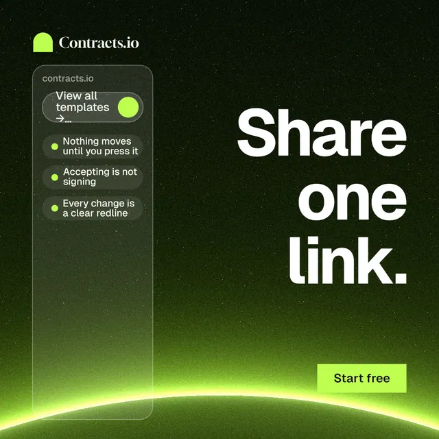 Instagram post for contracts.io: "Share one link." Swiss style, right layout, dark palette in green, black.