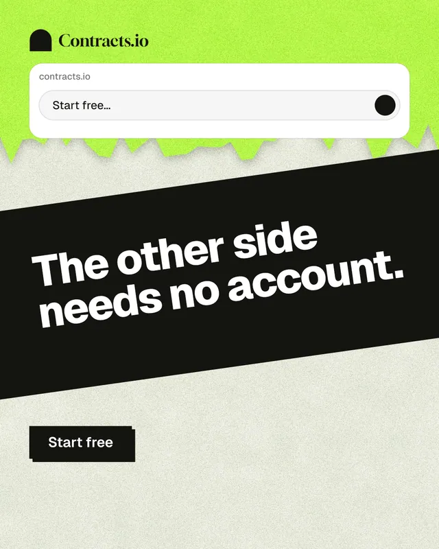 Instagram portrait post for contracts.io: "The other side needs no account." Paper trio style, diagonal layout, light palette in green, black, grey.