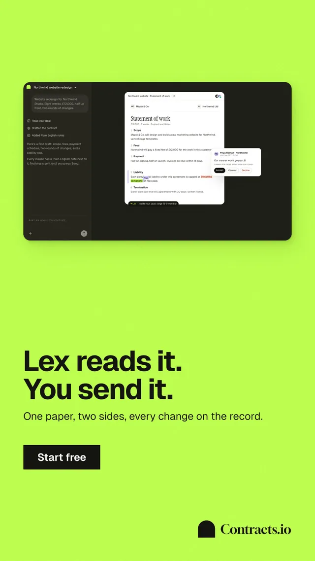 Instagram story for contracts.io: "Lex reads it. You send it." Swiss style, bottom layout, light palette in green.