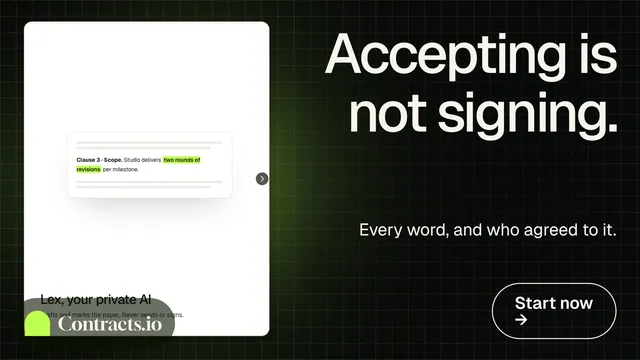 Landscape graphic for contracts.io: "Accepting is not signing." Phosphor atlas style, right layout, dark palette in white, black, grey.