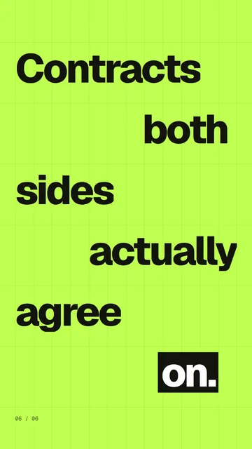 Video for contracts.io: "Contracts both sides actually agree on.". Kinetic type grid, 6.0 s, light palette.
