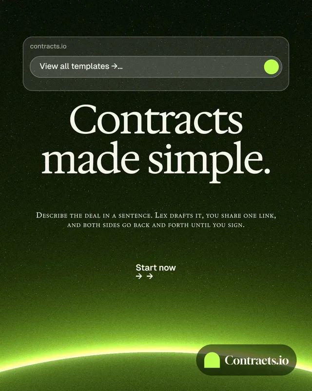 Instagram portrait post for contracts.io: "Contracts made simple." Swiss style, smallcaps layout, dark palette in black, green.