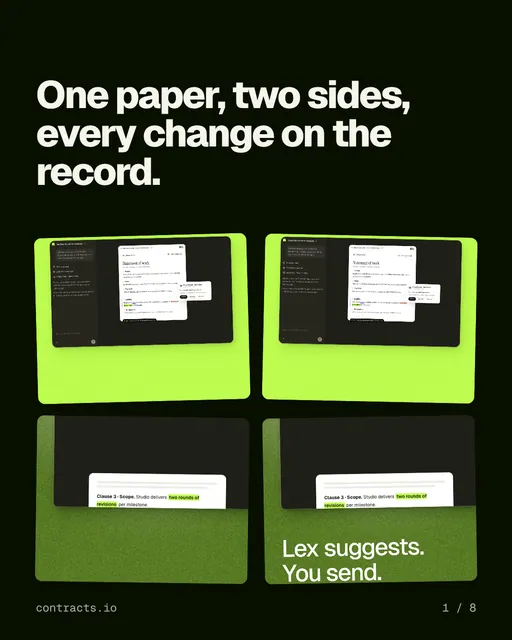 Carousel for contracts.io: "One paper, two sides, every change on the record.". Collection carousel, 8 slides, dark palette.