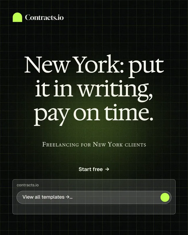 Instagram portrait post for contracts.io: "New York: put it in writing, pay on time." Phosphor atlas style, smallcaps layout, dark palette in black, grey.