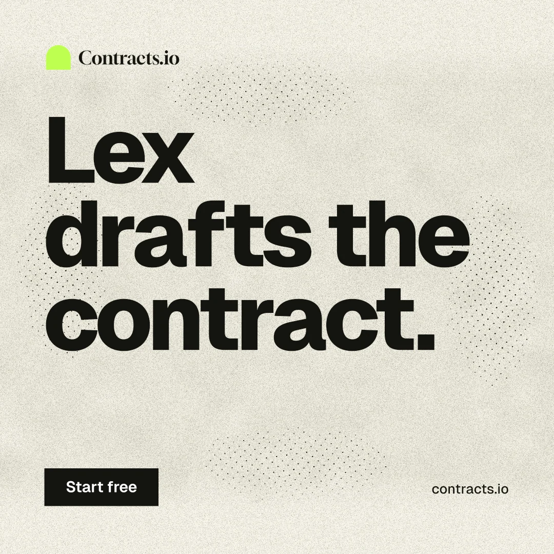 Instagram post for contracts.io: "Lex drafts the contract." Ink sticker style, poster layout, light palette in yellow, grey.