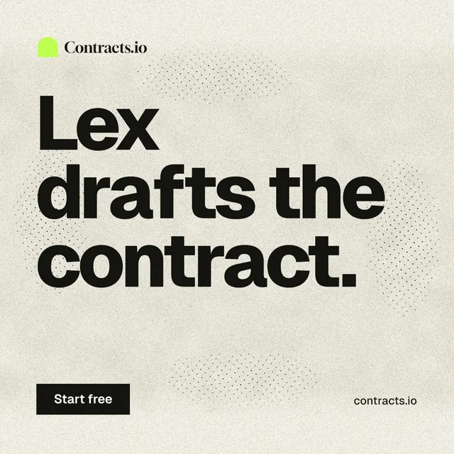 Instagram post for contracts.io: "Lex drafts the contract." Ink sticker style, poster layout, light palette in yellow, grey.