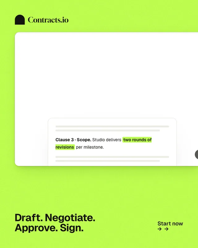 Instagram portrait post for contracts.io: "Draft. Negotiate. Approve. Sign." Swiss style, image led layout, light palette in green, white.