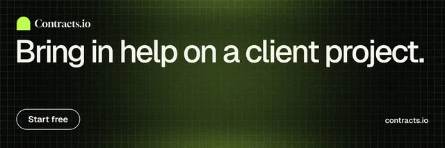 X header for contracts.io: "Bring in help on a client project." Phosphor atlas style, poster layout, dark palette in black, green, grey.