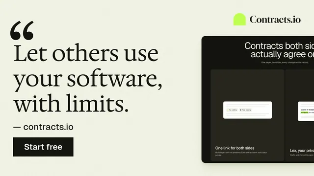 Landscape graphic for contracts.io: "Let others use your software, with limits." Swiss style, quote layout, light palette in white, black, grey.