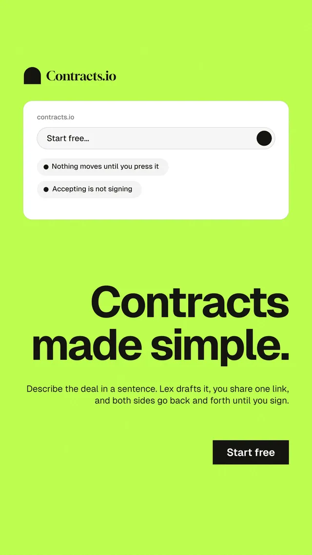 Instagram story for contracts.io: "Contracts made simple." Swiss style, right layout, light palette in green.