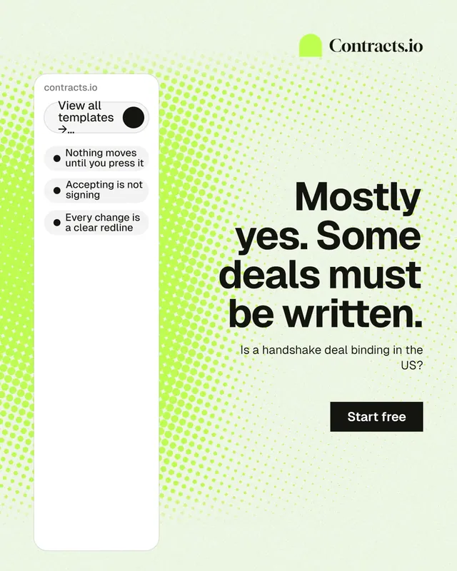 Instagram portrait post for contracts.io: "Mostly yes. Some deals must be written." Swiss style, right layout, light palette in green, white, grey.