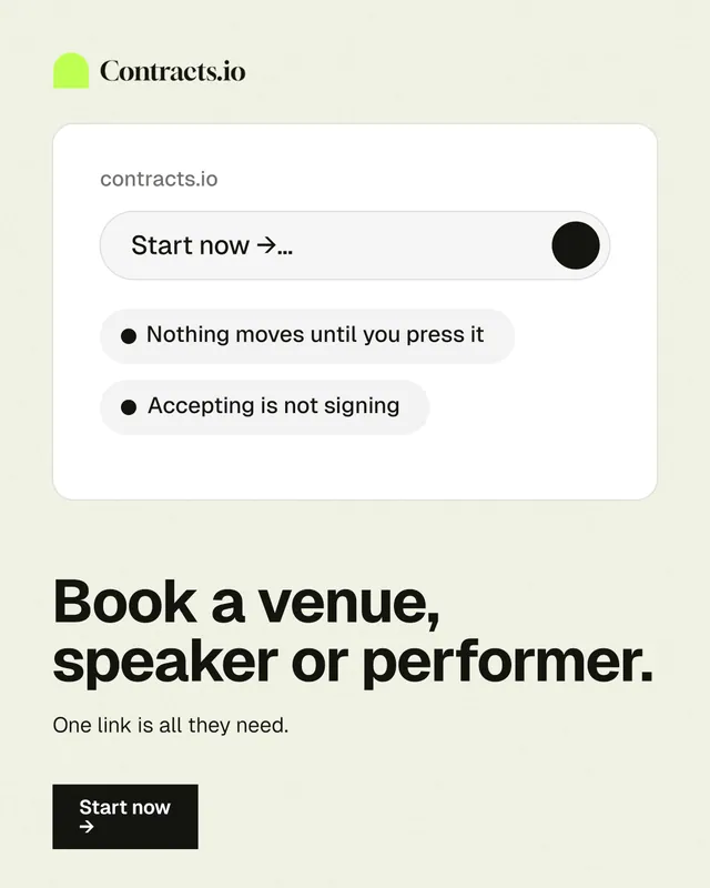 Instagram portrait post for contracts.io: "Book a venue, speaker or performer." Swiss style, bottom layout, light palette in white, grey.